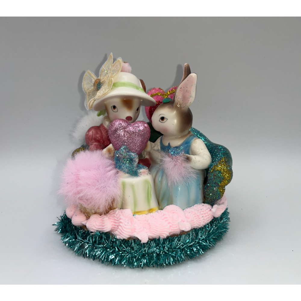 Vintage Ceramic Avon Easter Bunny Tea Time Faux Fur Frosting Heart Glitter OOAK